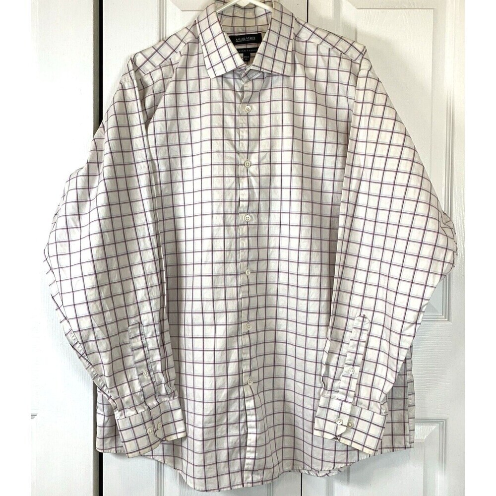 Murano Mens Button-Front Shirt Italian Fabric Xl Purple Windowpane Plaid Preppy